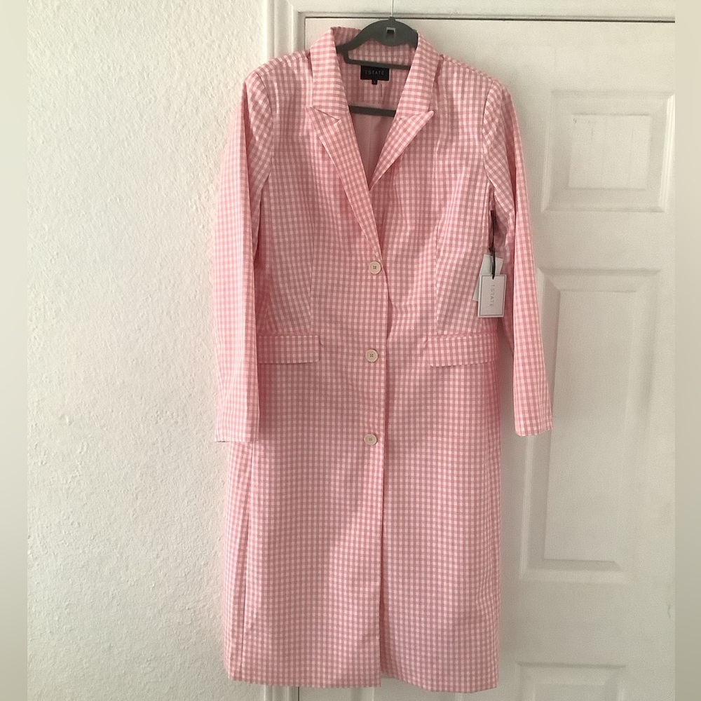 🆕 1.state Chic Pink and whit Gingham light Duster Coat. - Picture 3 of 10